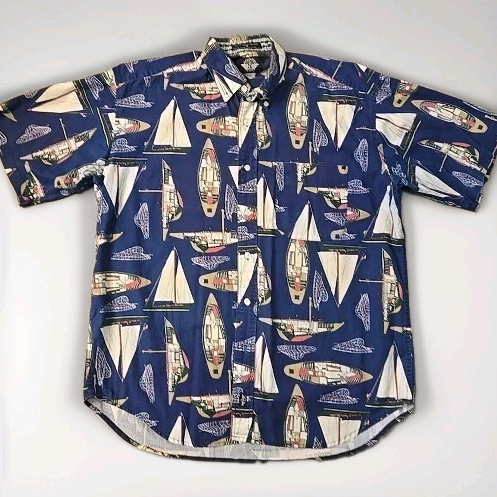 Vintage 1994 Dockers Men's Medium Sailboat Shirt Nautical 100% Cotton Navy